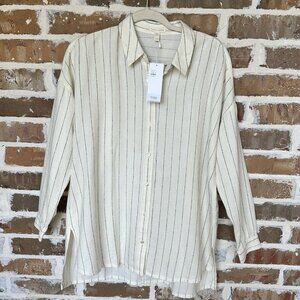 NWT‎ Eileen Fisher Classic Shirt XS Gauzy Organic Cotton Blend Stripes Coastal